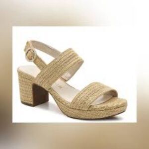 ANNE KLEIN 8.5 Preppy Block Padrino Platform Tan Woven Raffia Chunky Sandal